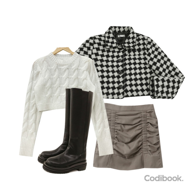 common unique ROUND CHUNKY LONG BOOTS,NONCODE 유크 아가일 트위드 자켓,ENVYLOOK 굿찡셔링스커트등을 매치한 코디