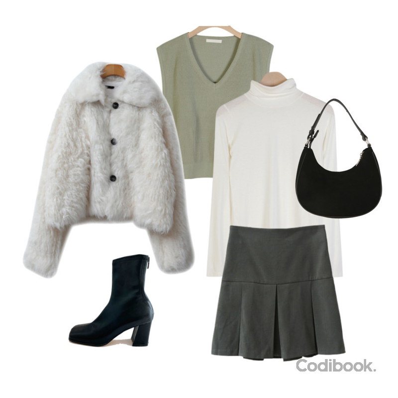 UPTOWN HOLIC 반달 스웨이드 토트백 (*3color),ENVYLOOK 크루엘퍼자켓,closeclip 라이너 스퀘어 앵클부츠등을 매치한 코디
