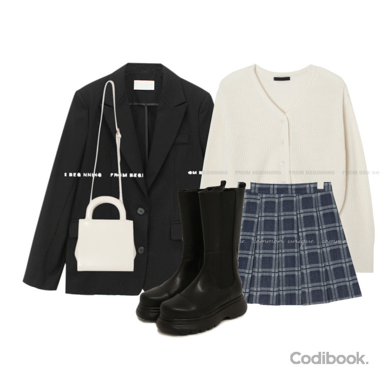 WONLOG 킨더 베이직 자켓,From Beginning 미스트 스퀘어숄더백 (3color),common unique NOTA CHUNKY CHELSEA MIDDLE BOOTS등을 매치한 코디