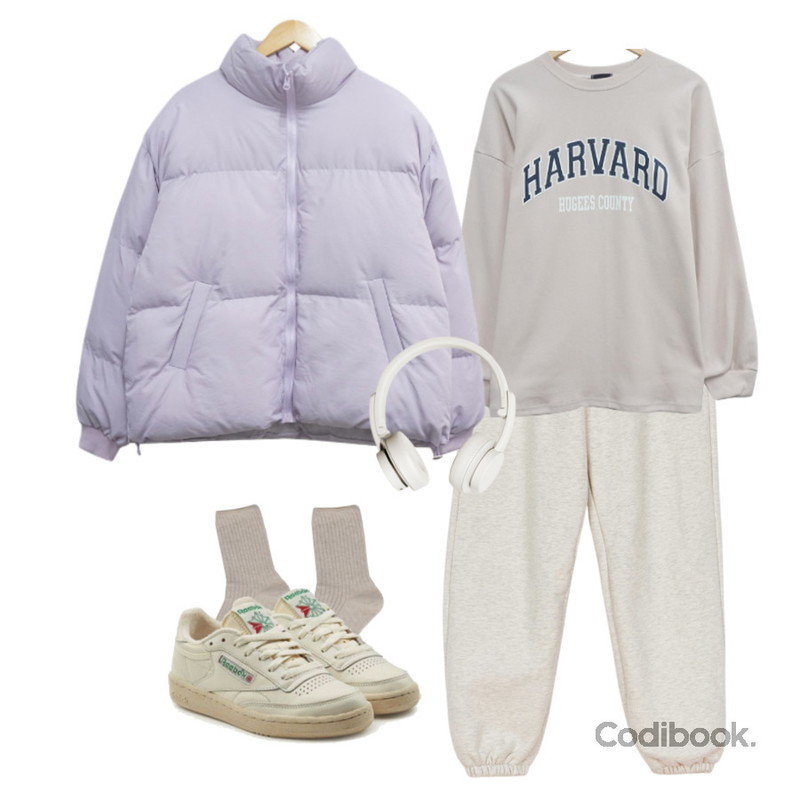 BULLANG GIRL 빵빵이 웰론 숏패딩,closeclip 타로트 베이직 골지삭스,simplymood 리런 양기모 조거팬츠등을 매치한 코디