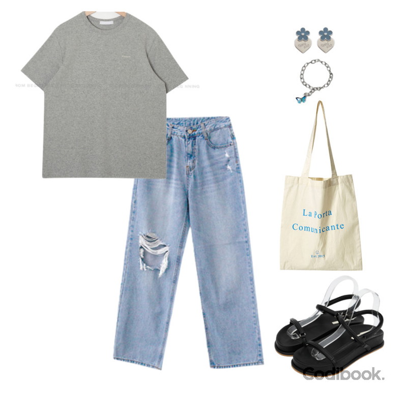 MIXXMIX Heart Flower Earring (Light Blue(silver)),ENVYLOOK 썸머구제데님팬츠,NONCODE 와이 버터플라이 팔찌등을 매치한 코디