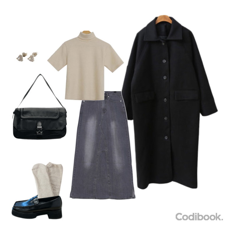lavenir (silver925) heart cubic earring,simplymood 티키타 맥시 데님스커트,ENVYLOOK 이프레글런롱코트등을 매치한 코디