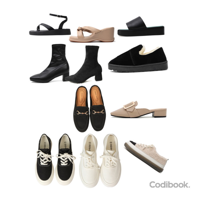LOVELY SHOES 레오튼 삭스 앵클부츠 5cm,ITSHU 볼륨 꼬임 스트랩 웨지 통굽 슬리퍼 샌들(7.4cm) 10981,ITSHU 토 포스트 레이 통굽샌들(3.2cm) 11014등을 매치한 코디