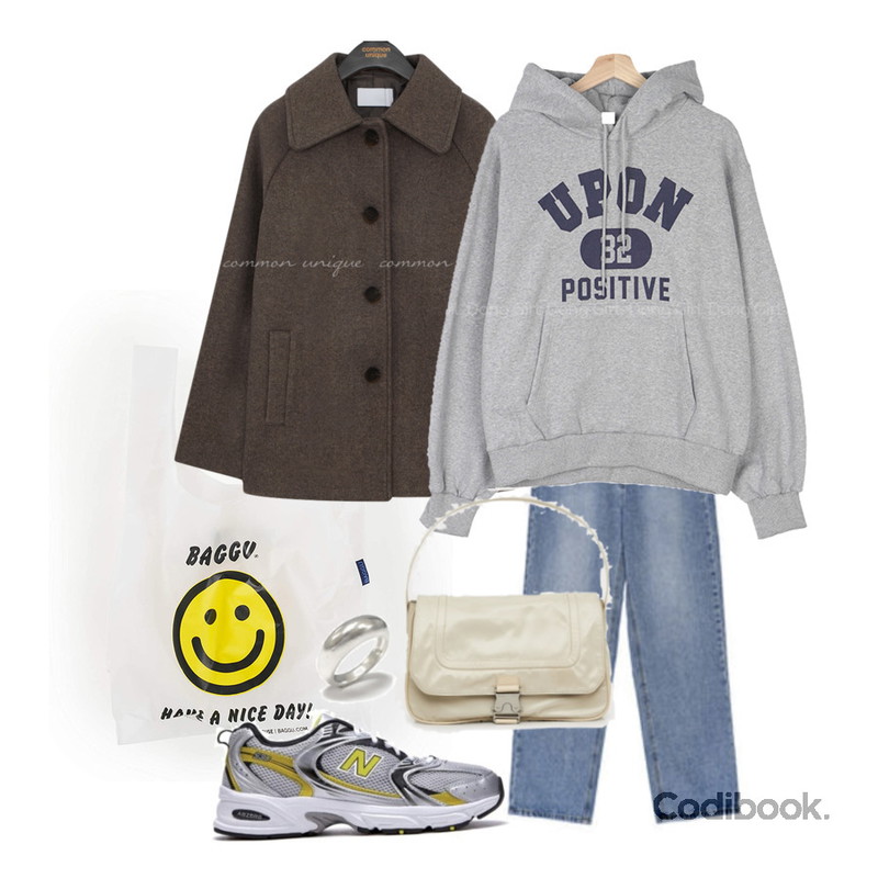 Dang2girl 빅사이즈 55-120 포티브 레터링 기모 후드티,common unique LEND WOOL BOKASHI MAC COLLAR JACKET등을 매치한 코디