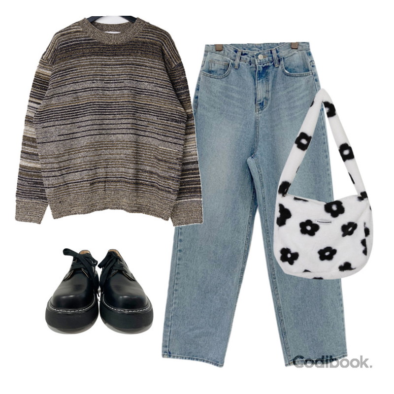 VANILLAMILK 에리온 단가라 울 니트,binary01 퍼 체커&플라워 숄더백 (플라워패턴 2월말 입고),closeclip 데프 스티치 통굽로퍼등을 매치한 코디