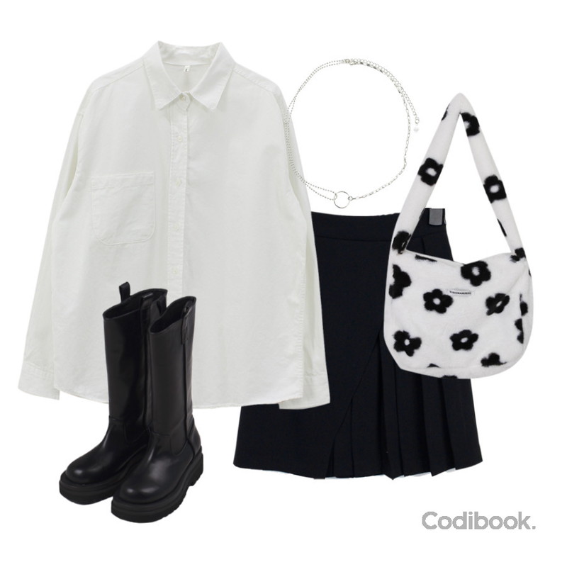 binary01 퍼 체커&플라워 숄더백 (플라워패턴 2월말 입고),Dang2girl 키센스 라운드 통굽 미들부츠,CLOSET ME 살론 플리츠 스커트 (2color)등을 매치한 코디
