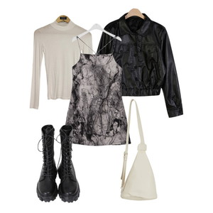 Black&white,Ootddaily,Minidresses,Leatherjacket 코디