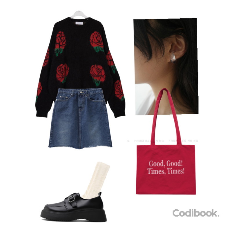 AFTERMONDAY formica hole earcuff (2colors),common unique MOMOS GOLGI LONG SOCKS,binary01 모헤어 로즈 니트등을 매치한 코디