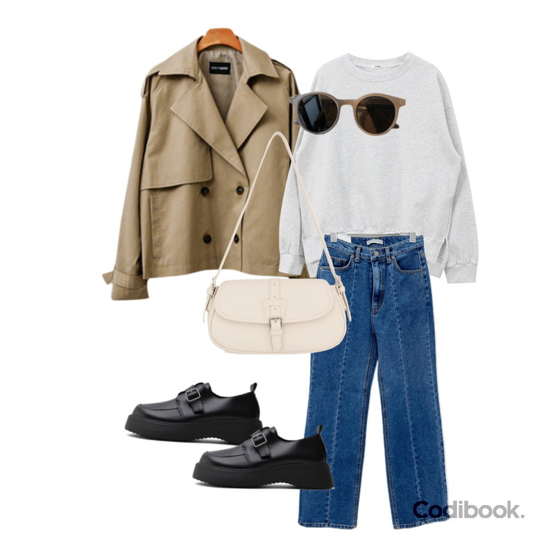 ENVYLOOK 크롭트렌치자켓,ENVYLOOK 유스프레임선글라스,common unique KENBER BUCKLE BAGUETTE BAG등을 매치한 코디