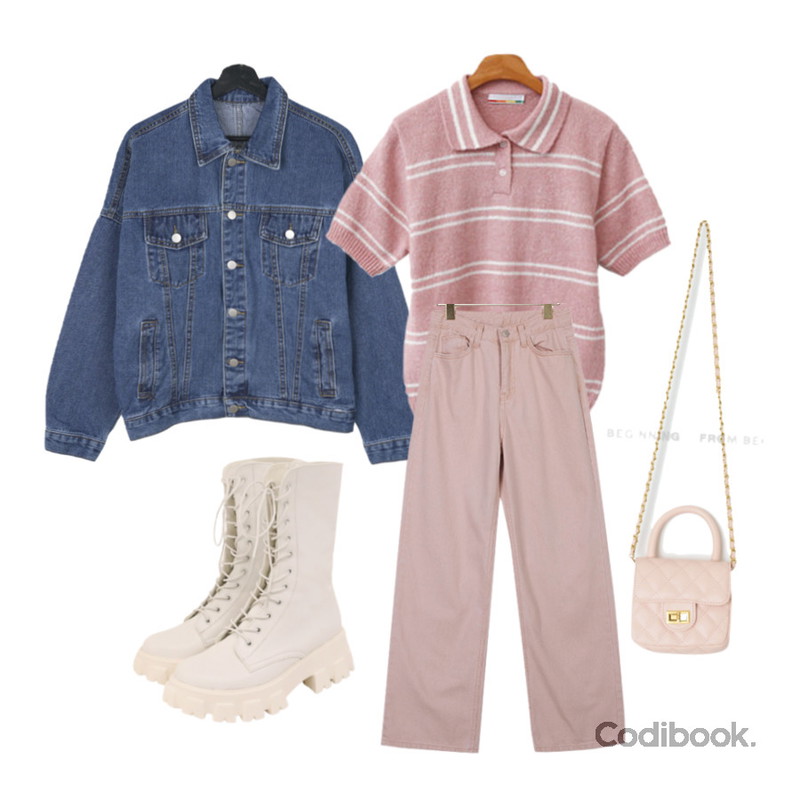 ENVYLOOK 카나페카라니트,VANILLAMILK 데큐어 오버핏 데님 자켓,binary01 파스텔 티라 와이드팬츠등을 매치한 코디