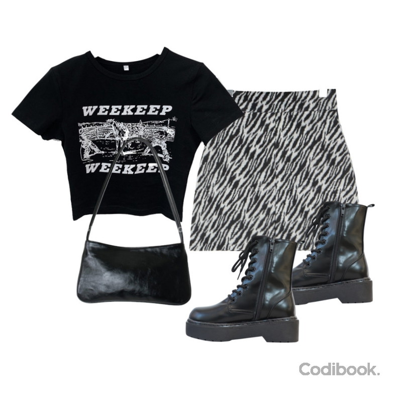 wonderwonder 위킵 프린팅 크롭 티셔츠,common unique DENI WOOL ZEBRA PATTERN MINI SKIRT,closeclip 에이미 통굽 워커등을 매치한 코디