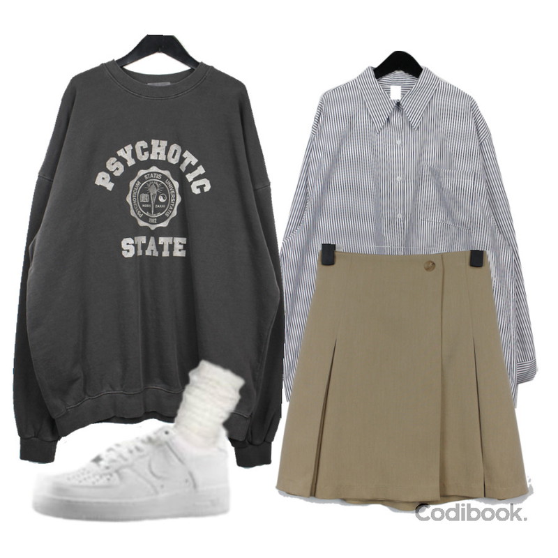 CLOSET ME 스트라이프 보이 셔츠 (4color),CLOSET ME 킨츠 랩 플리츠 스커트 (3color),CLOSET ME 이코 피그먼트 맨투맨 (3color)등을 매치한 코디