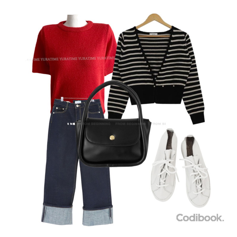AFTERMONDAY real leather fur sneakers (2colors),closeclip 일자 와이드 생지데님,YURATIME 오오티디 반팔 니트등을 매치한 코디