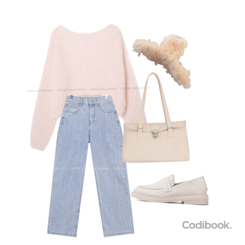 ITSHU 2way 페니 통굽 로퍼&블로퍼(3.3cm) 11058,common unique PICOS SLOP WIDE DENIM PANTS,From Beginning 다우니 립넥헤어리니트 (4color)등을 매치한 코디