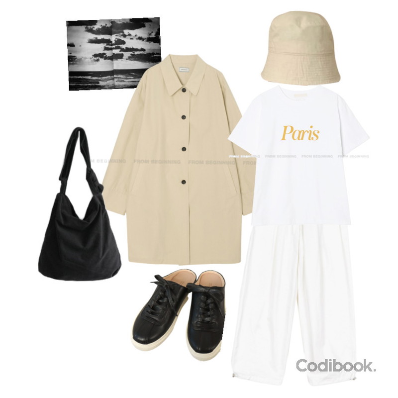 AFTERMONDAY wearable cotton shoulder bag (3colors),From Beginning PARIS 프린팅반팔티셔츠 (4color),LILYTI 딜레마 뮬스니커즈 (3cm 키높이 데일리 단화 블로퍼 샌들 스니커즈 아이보리/베이지/블랙)등을 매치한 코디
