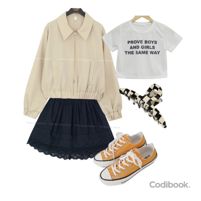 AFTERMONDAY basic casual color sneakers (10colors),BULLANG GIRL 프로브 레터링 크롭 반팔티,From Beginning 체스 3타입헤어집게핀 (3color)등을 매치한 코디