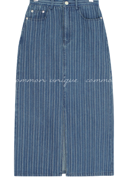 Straight Stripe Pattern Denim Skirt