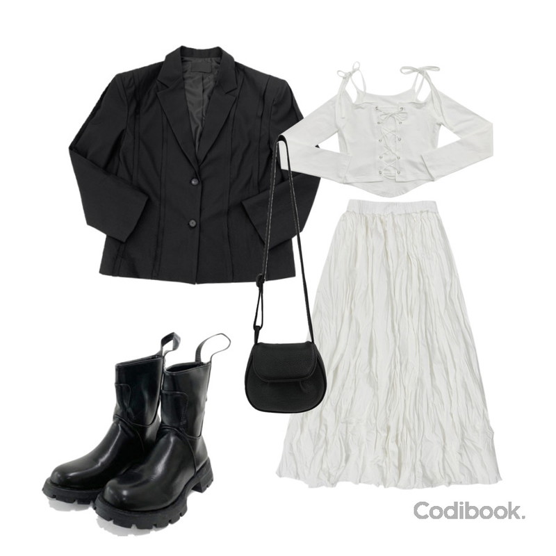 NONCODE 제이 링클 롱 스커트,NONCODE 더빙 코르셋 오프 크롭 티셔츠,NONCODE 몬타나 앵클 부츠등을 매치한 코디