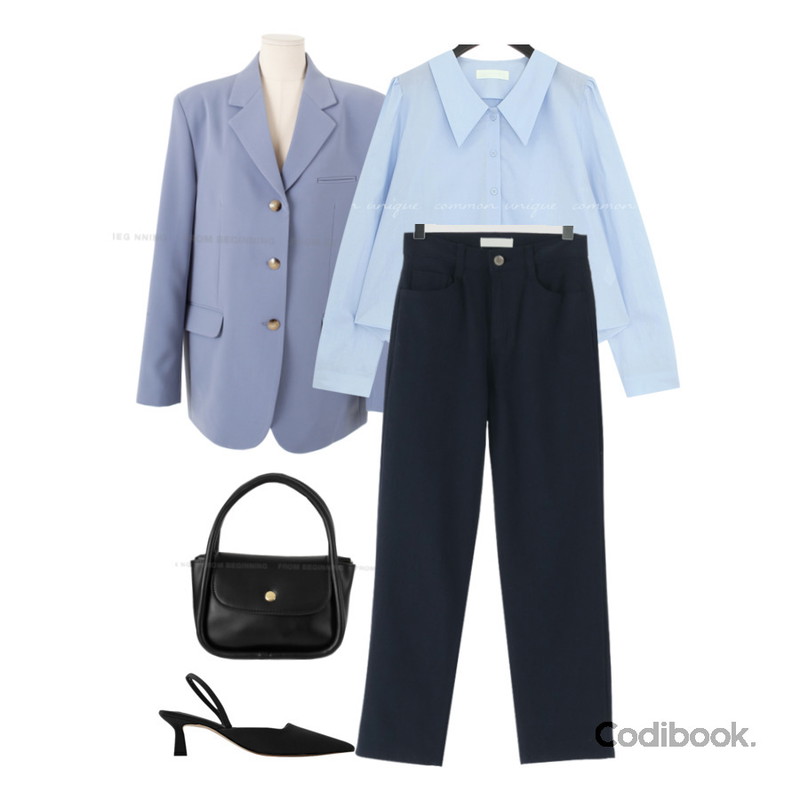 From Beginning 슬릿커프스 테일러드자켓 (5color),common unique BONI BIO WASHING SHARP COLLAR BLOUSE,From Beginning 스트레이트 코튼팬츠 (2color)등을 매치한 코디
