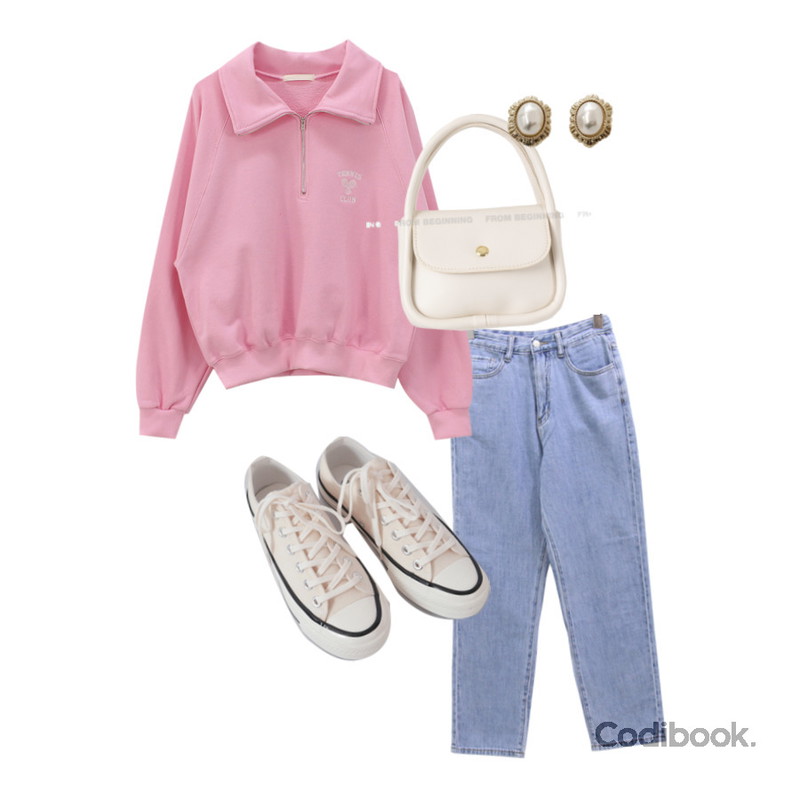 AFTERMONDAY basic casual color sneakers (10colors),common unique FLIA GOLD FRAME PEARL EARRING,WONLOG 테니스 맨투맨등을 매치한 코디