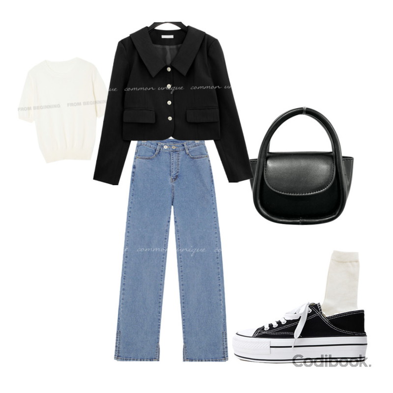 ITSHU 2way 통굽 스니커즈뮬 블로퍼(3.0cm) 10909,closeclip 줄리 울 삭스,common unique KAVON SLIT LONG DENIM PANTS등을 매치한 코디