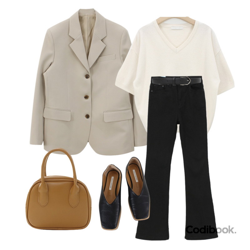 WONLOG 히든 부츠컷 팬츠,WONLOG 브이 캐시 하프 니트,WONLOG 에반 버튼 자켓 ; 베이지등을 매치한 코디