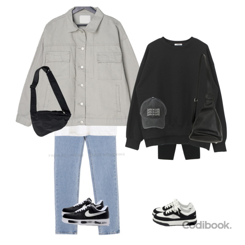 WONLOG 아이디 5부 티,VANILLAMILK 스포디 오버핏 코튼 자켓,NONCODE 디프 나일론 크로스백등을 매치한 코디