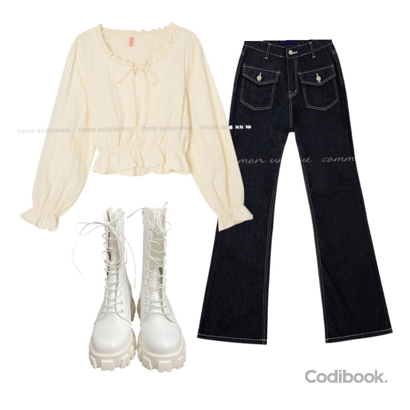 NONCODE 어글리 아웃솔 워커,From Beginning 펀칭레이스 크롭블라우스 (2color),common unique VITO STITCH POCKET BOOTS DENIM PANTS등을 매치한 코디