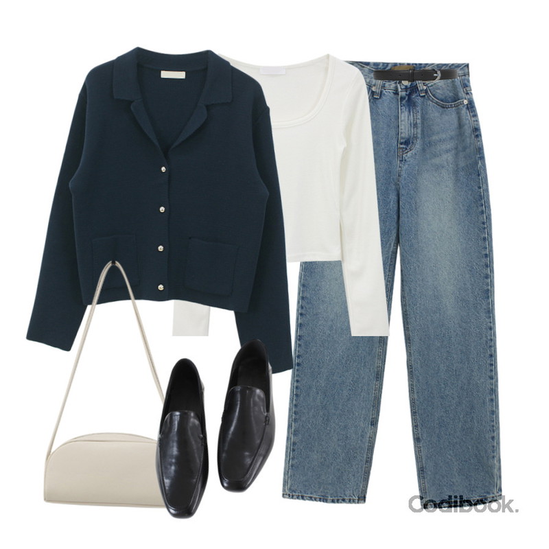 WONLOG 스탠드 일자 데님,WONLOG 레오 크롭 티,WONLOG 레인 포켓 가디건등을 매치한 코디