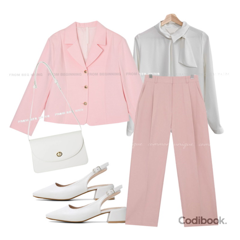 From Beginning 케이트 버클숄더백 (3color),common unique KOI PINTUCK SEMI WIDE COTTON PANTS,YURATIME 에스핀 하이넥 쉬폰 타이 블라우스등을 매치한 코디