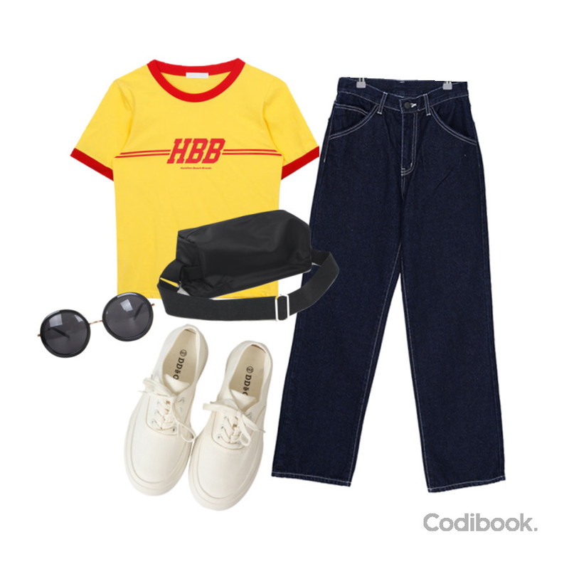 Zemma World 마스터-썬글,MIXXMIX 비비드 배색 라운드 티셔츠,VANILLAMILK 마우지 생지 와이드 롱 팬츠등을 매치한 코디