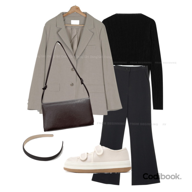 ITSHU 벨크로 통굽 스니커즈(3.5cm) 11165,closeclip 헤이즌 스퀘어 숄더백 C1002,From Beginning 무드컬러 헤어밴드 (5color)등을 매치한 코디