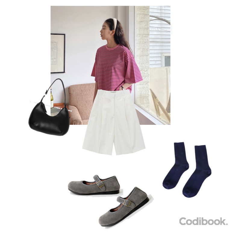 Zemma World 에브리데이 골지삭스,LOVELY SHOES 에키프 메리제인 플랫슈즈 1cm,From Beginning 테이크 라운드토트백(4color)등을 매치한 코디