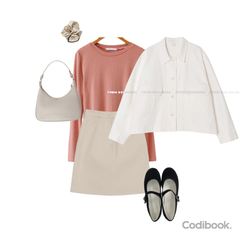 WONLOG 블룸 헤어 슈슈,ENVYLOOK 꼬임라운드토트백,From Beginning 에든 코튼트러커자켓 (2color)등을 매치한 코디