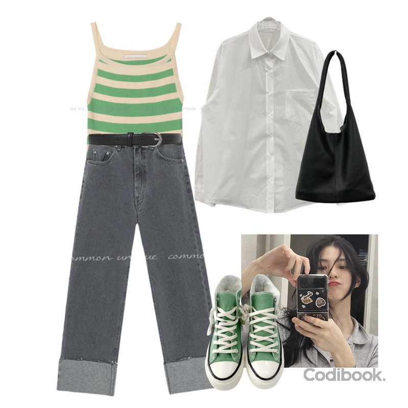 WONLOG 클래식 레더 벨트,common unique KENTO ROLL UP BANDING DENIM PANTS,From Beginning 스트라이프 니트슬리브리스 (3color)등을 매치한 코디