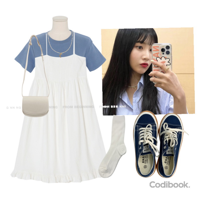 DAILYJOU 리터 라운드 크로스백 - 2 color,DAILYJOU 로아드 배색 스니커즈,From Beginning 로즐리 핀턱레이스원피스등을 매치한 코디
