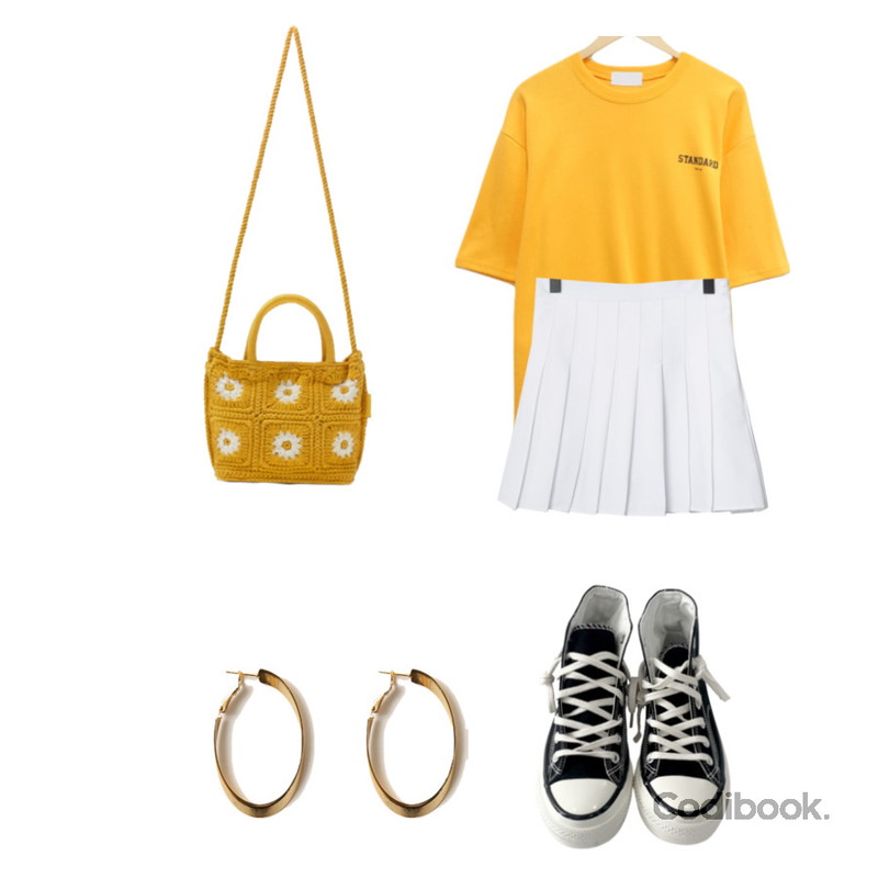 VANHECER 플리츠 미니 스커트 테니스치마 P#YW019,common unique GOLD ELLIPSE RING EARRING,BULLANG GIRL 스탠다드 백레터링 오버 반팔티등을 매치한 코디