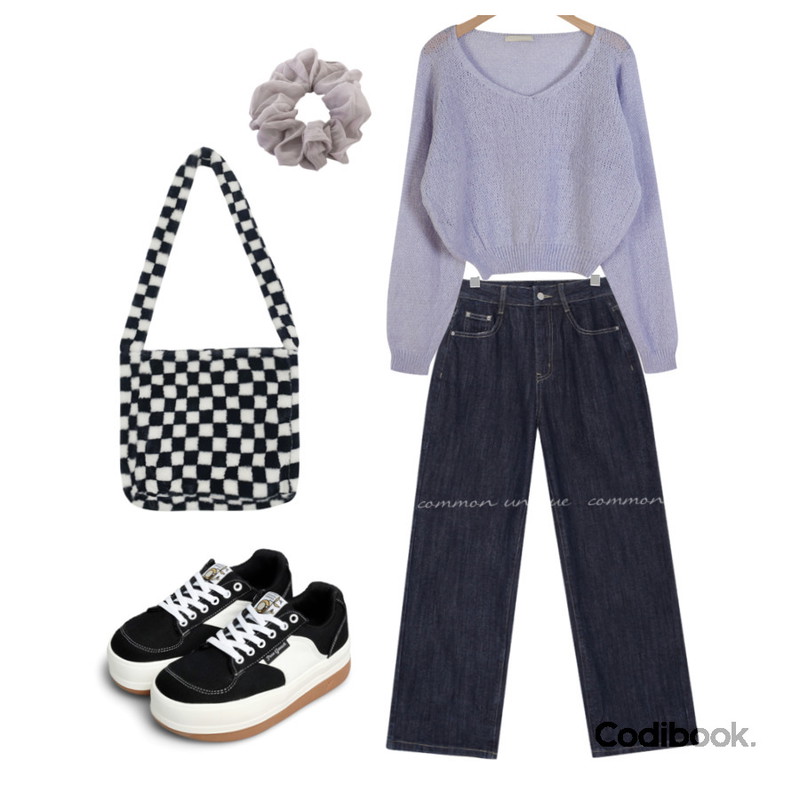 NONCODE 몬즈 체커보드 퍼 크로스백,dangosister 메일브이니트(4c) 여리여리핏:D,common unique CONIN STITCH WIDE DENIM PANTS등을 매치한 코디