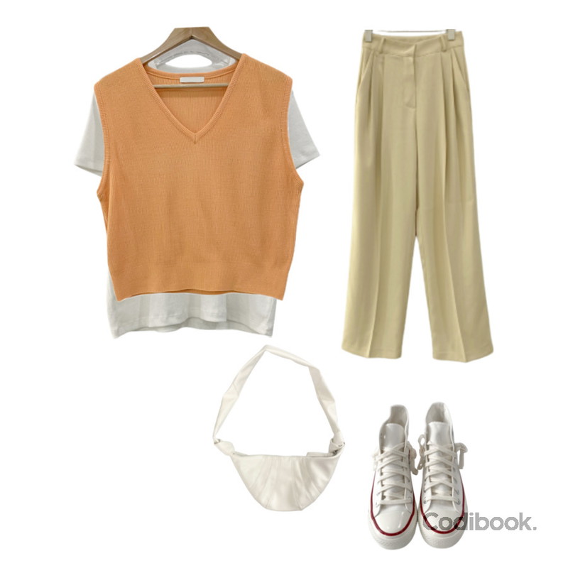DAILYJOU #5천장돌파 스웨디 브이넥 니트 베스트 - 7 color,DAILYJOU 캔버스 하이 스니커즈 - 6 color,DAILYJOU 가토 핀턱 와이드 슬랙스 - 3 color등을 매치한 코디
