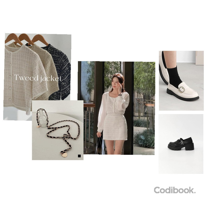 WITHMOMENT 파티움 트위드 스커트 - 2color,closeclip 레이드 메리제인 슈즈,gifteabox 가브리엘 레이어드 골드 체인 벨트등을 매치한 코디