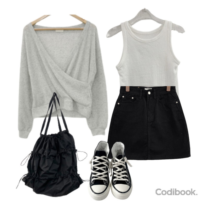 DAILYJOU 캔버스 하이 스니커즈 - 6 color,DAILYJOU 테린느 골지 라운드 나시 - 3 color,DAILYJOU 뉘앙스 스트링 숄더 백 - 2 color등을 매치한 코디