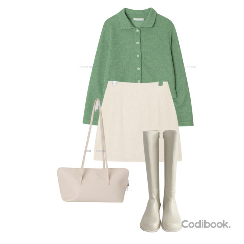 From Beginning 유즈 바스킷숄더백(3color),DAILYJOU 케느 롱 부츠 - 2 color,common unique TIEN BASIC LINEN SKIRT - 2 TYPE등을 매치한 코디