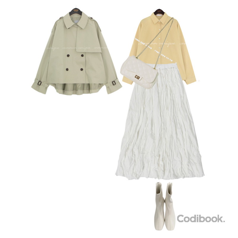 common unique OKLEY BASIC COTTON SHIRTS,NONCODE 제이 링클 롱 스커트,common unique PRIMA DOUBLE TRENCH JACKET등을 매치한 코디