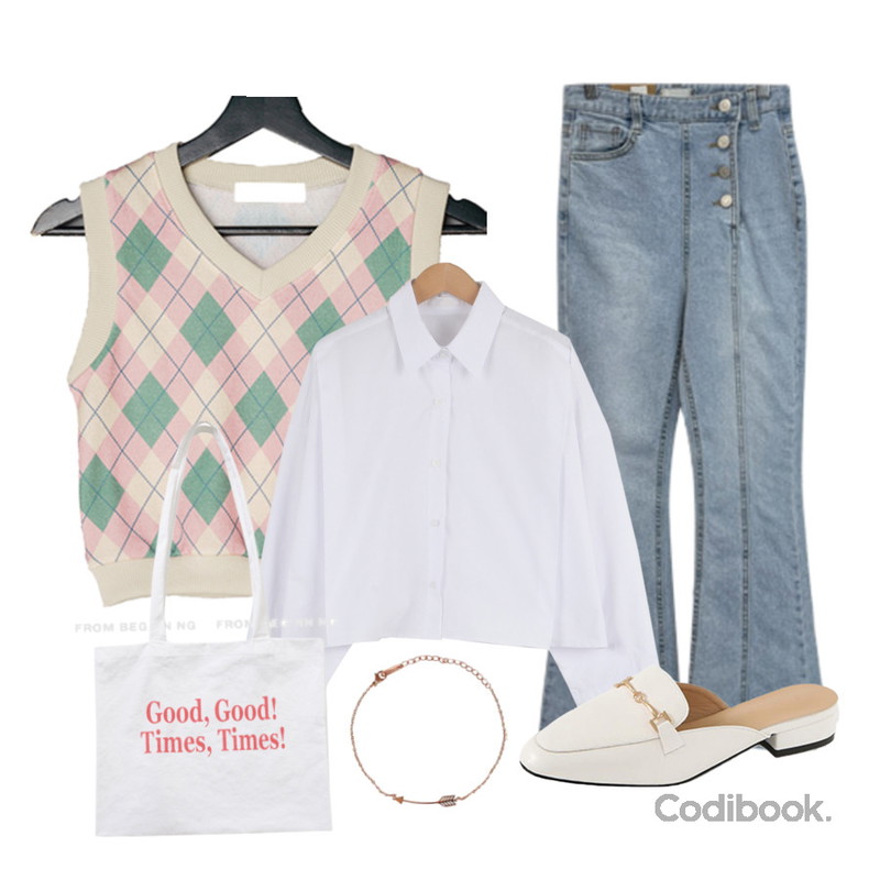 VANILLAMILK 아로이 아가일 브이넥 베스트(set),From Beginning 컬러 스트링에코백 (4color),Dday Girl 독보적, 포버튼 하이웨이스트 세미부츠컷 데님 팬츠등을 매치한 코디