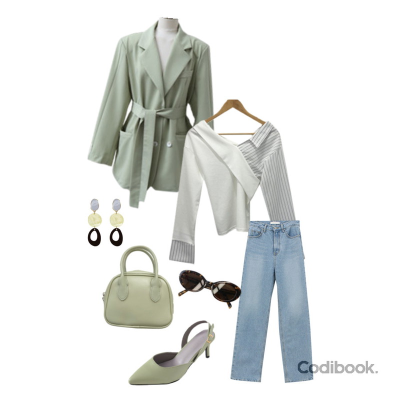 DAILYJOU 아돌프 숄더 크로스백 - 6 color,ENVYLOOK 헤브더블벨트자켓,RIGHT HERE 타원 자개귀걸이등을 매치한 코디