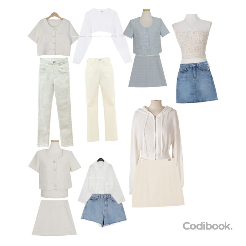 dangosister 기획 씨케이진주트위드JK(3c) 반팔트위드:D,RIGHT HERE 무드 크림 일자 팬츠 M,common unique TIEN BASIC LINEN SKIRT - 2 TYPE등을 매치한 코디