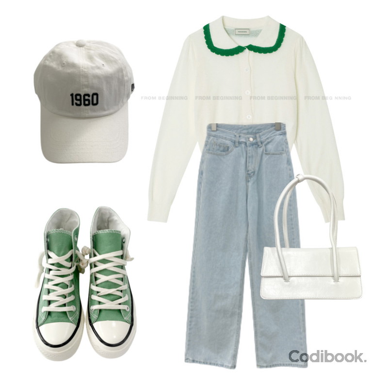 From Beginning 페틀카라 배색가디건 (2color),DAILYJOU 캔버스 하이 스니커즈 - 6 color,DAILYJOU 아미 레터링 볼캡 - 5 color등을 매치한 코디