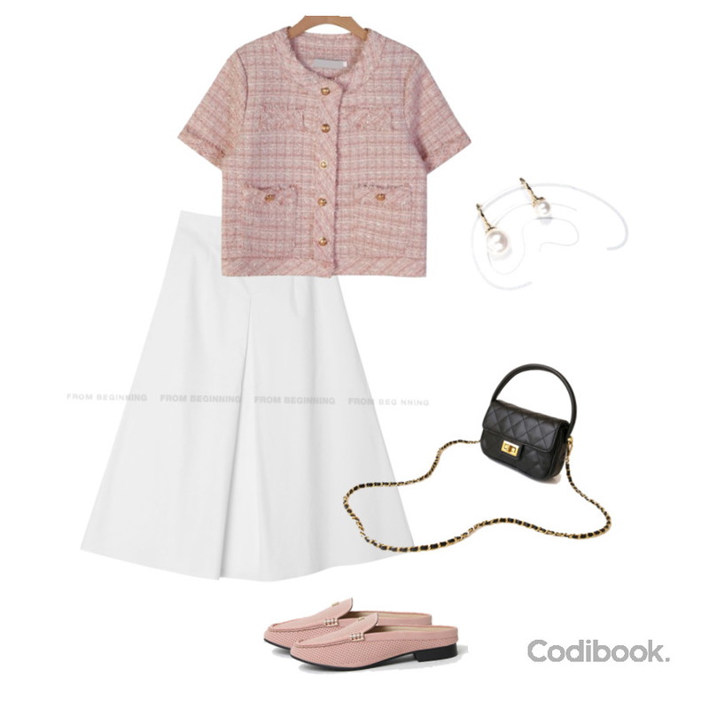 LOVELY SHOES 신고싶은 블로퍼 2cm,RIGHT HERE 트윈 진주 이어커프,dangosister 기획 크랜베리트위드JK(2c)등을 매치한 코디