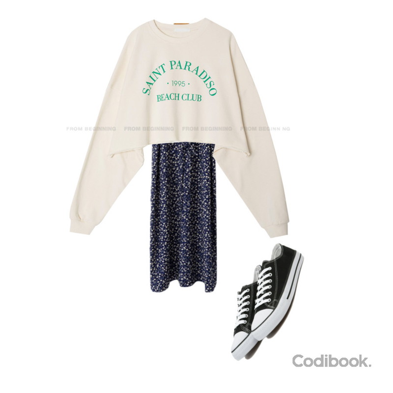 ENVYLOOK 캔티플라워원피스,From Beginning 세인트 크롭맨투맨 (3color),VANHECER 베이직 캔버스 스니커즈 S#JI060등을 매치한 코디