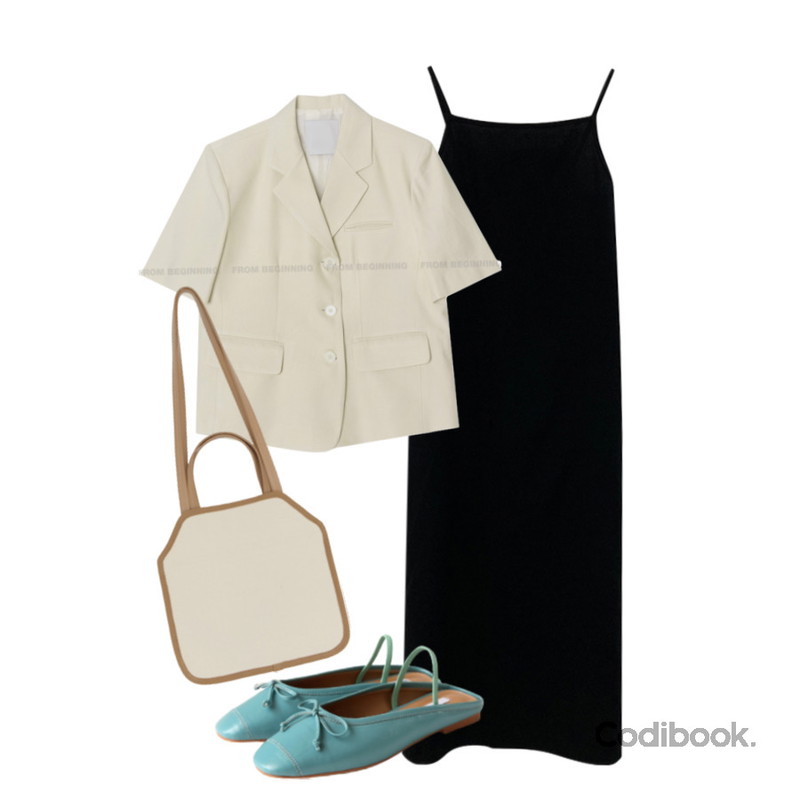 DAILYJOU 롱앤린 끈나시 원피스 - 3 color,From Beginning 몬드 린넨반더블하프자켓 (3color),common unique MELLY BANDING RIBBON FLAT SHOES등을 매치한 코디